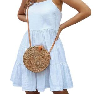 Novum Crafts Round Rattan Wicker Boho Summer Beach Crossbody Bag